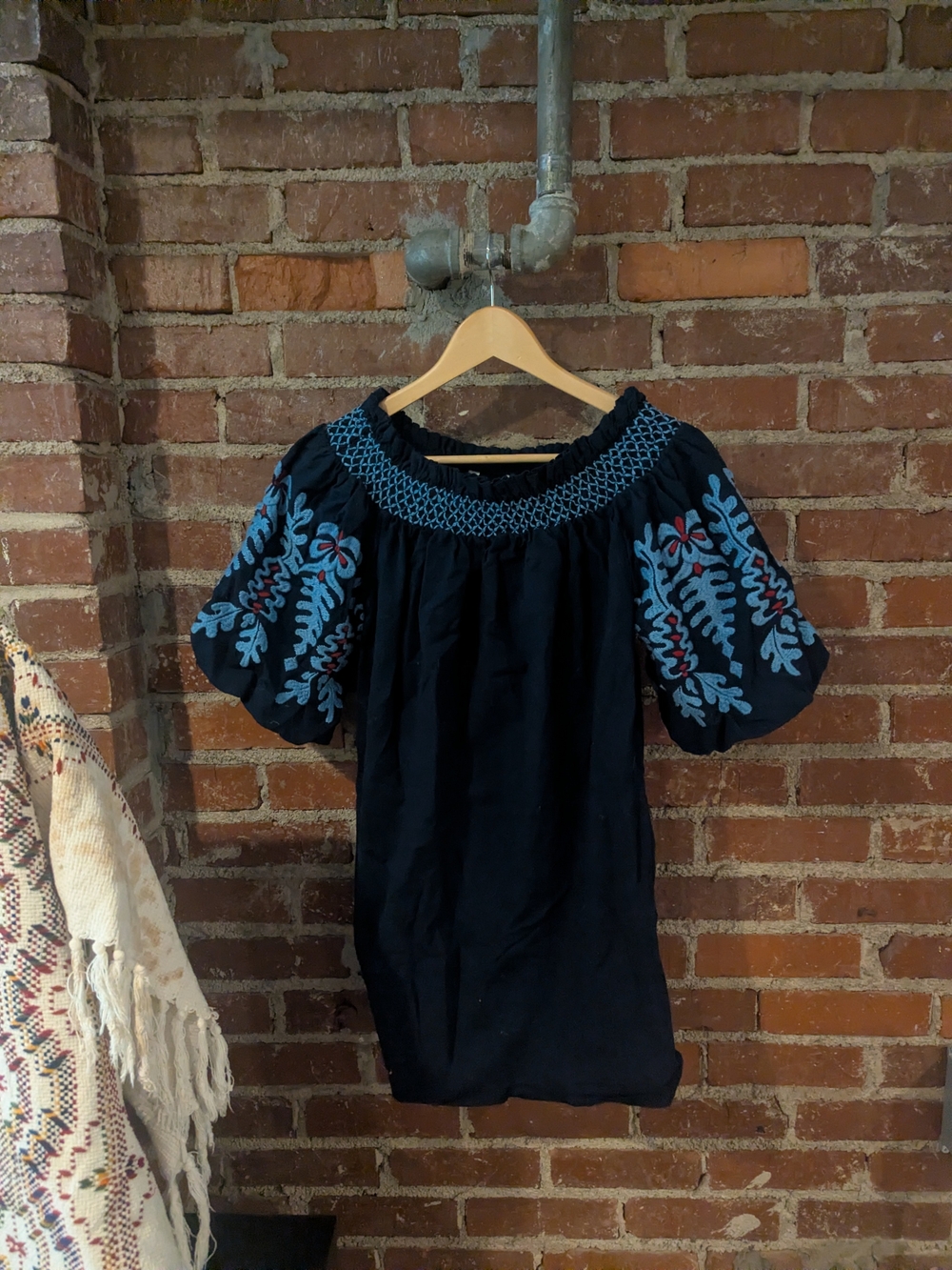 Zara Black One-Shoulder Dress with Blue Embroidered Puff Sleeves